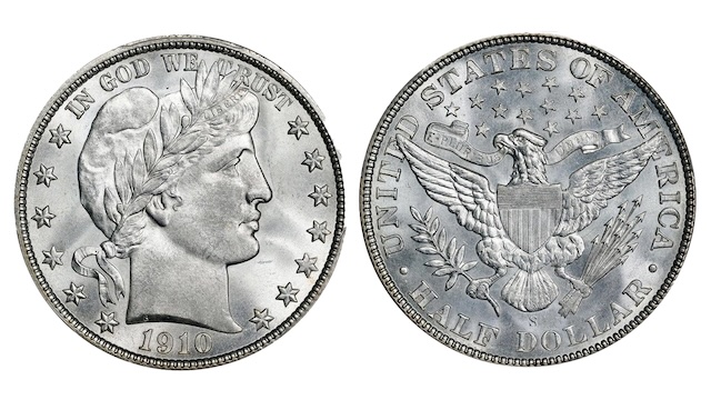 1910 Barber half dollar obverse and reverse showing Liberty head design and eagle, 90% silver coin
