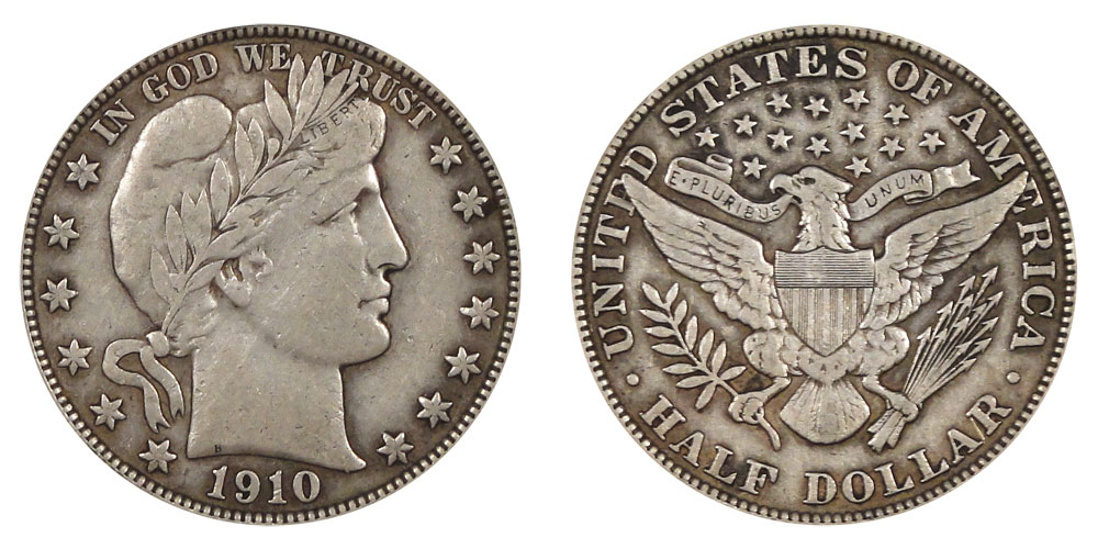 Side-by-side comparison of common Barber half dollar versus 1910 Philadelphia low-mintage better date, showing LIBERTY headband and mint mark area