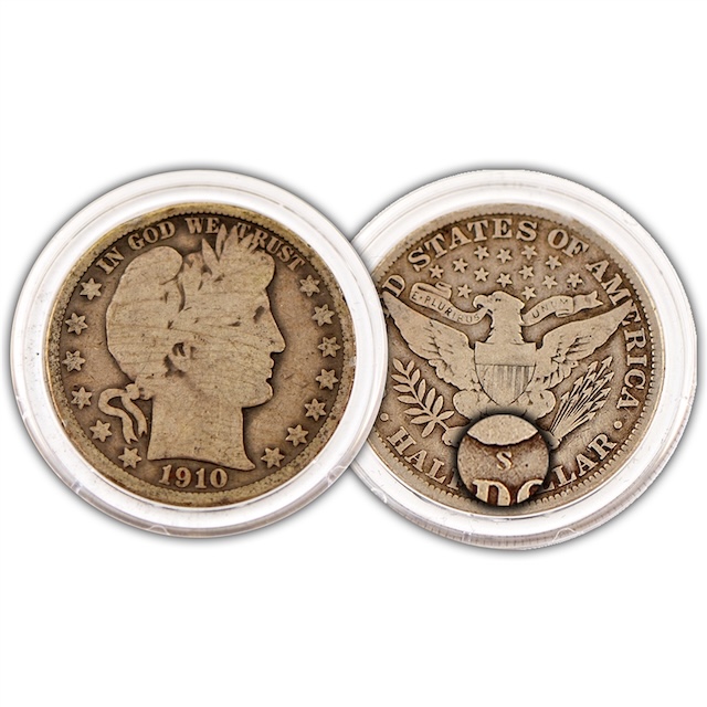 1910-S Barber half dollar reverse showing S mint mark below eagle tail feathers in high-grade uncirculated condition