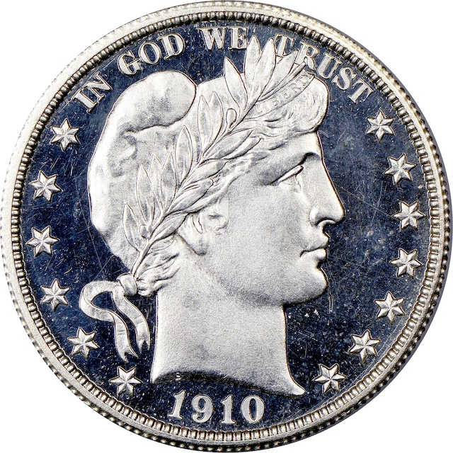 1910 proof Barber half dollar showing mirror fields and frosted device contrast, one of only 551 struck