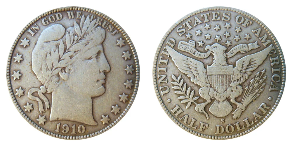 Close-up macro of 1910-S Barber half dollar S mint mark showing repunched mint mark variety with secondary impression