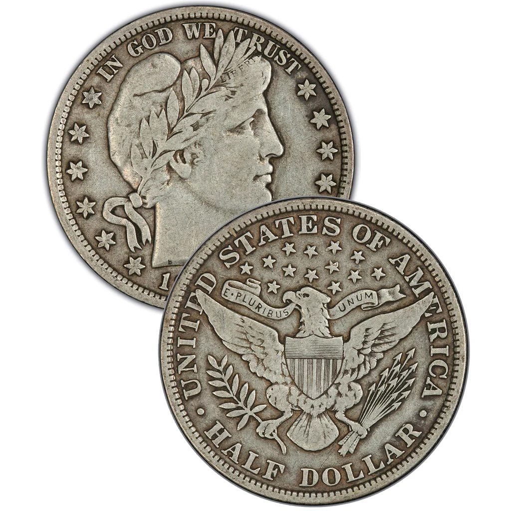 1910 Barber half dollar grading strip showing four condition tiers from worn through gem uncirculated with visible detail differences